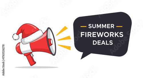 Festive promotion: holiday megaphone announcing summer fireworks sale