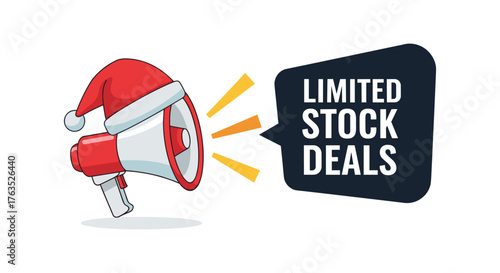 Festive megaphone announcing limited holiday deals with santa hat