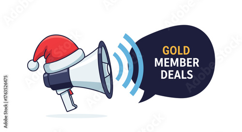 Festive announcement megaphone with holiday santa hat and gold member deals speech bubble