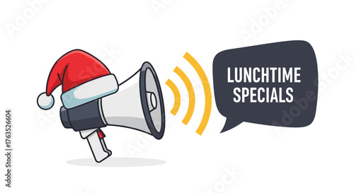 Festive megaphone announcing lunchtime specials with santa hat and speech bubble