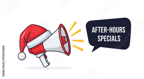 Festive megaphone announcing after-hours specials with santa hat