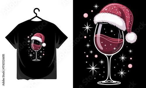 Festive wine glass with santa hat, perfect for christmas tshirt design