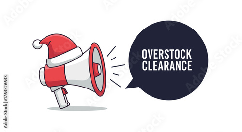 Festive megaphone announcing overstock clearance sale with santa hat cartoon style
