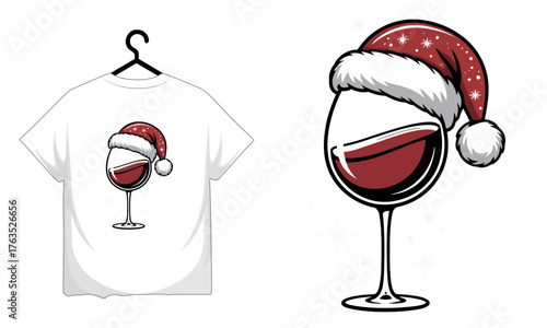 Festive wine glass with santa hat, ideal for christmas tshirt design
