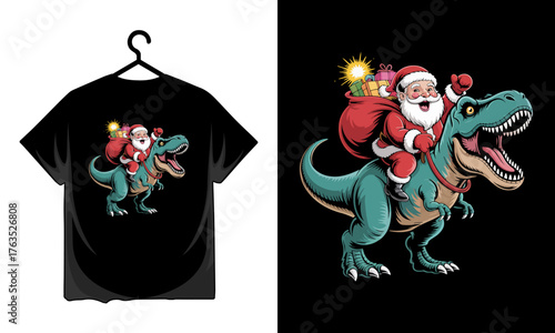 Santa claus riding a dinosaur tshirt design, featuring a jolly santa on a trex with gifts