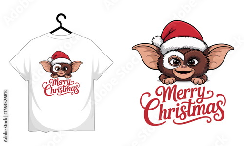Merry christmas tshirt design featuring a gremlin wearing a santa hat
