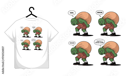 Turtle carrying a heavy bag tshirt design, featuring a turtle struggling with a large sack