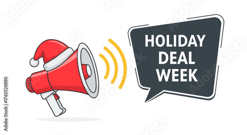 Festive megaphone announcing holiday deal week in cartoon style