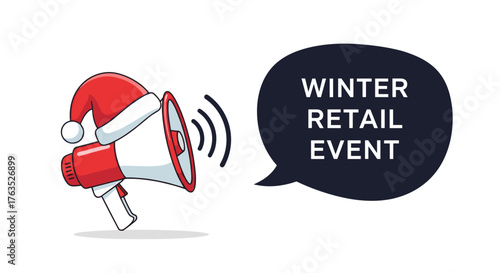 Holiday promotion announcement with megaphone and santa hat for winter retail event