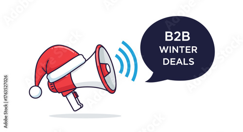 Megaphone with santa hat announcing b2b winter deals in speech bubble
