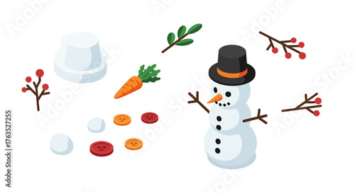 Isometric snowman building kit: winter elements with hat, carrot, buttons