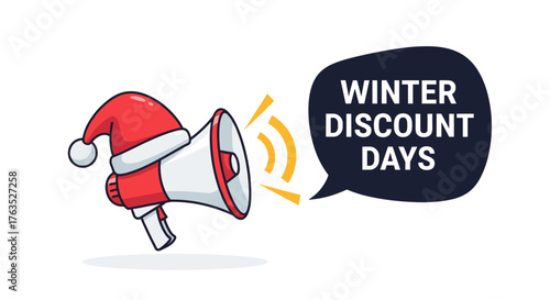 Winter discount days promotion with megaphone and santa hat cartoon style