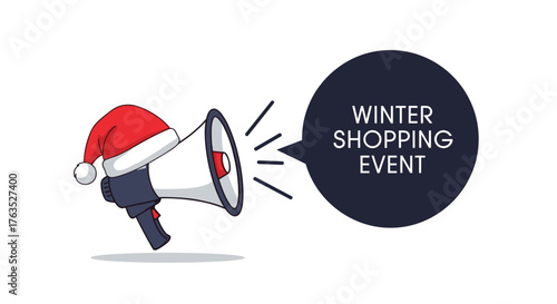 Festive megaphone announcing winter shopping event with santa hat
