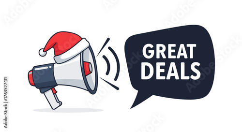 Megaphone with festive hat announcing holiday discounts