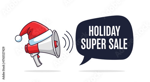 Festive megaphone promotion with santa hat for holiday super sale announcement