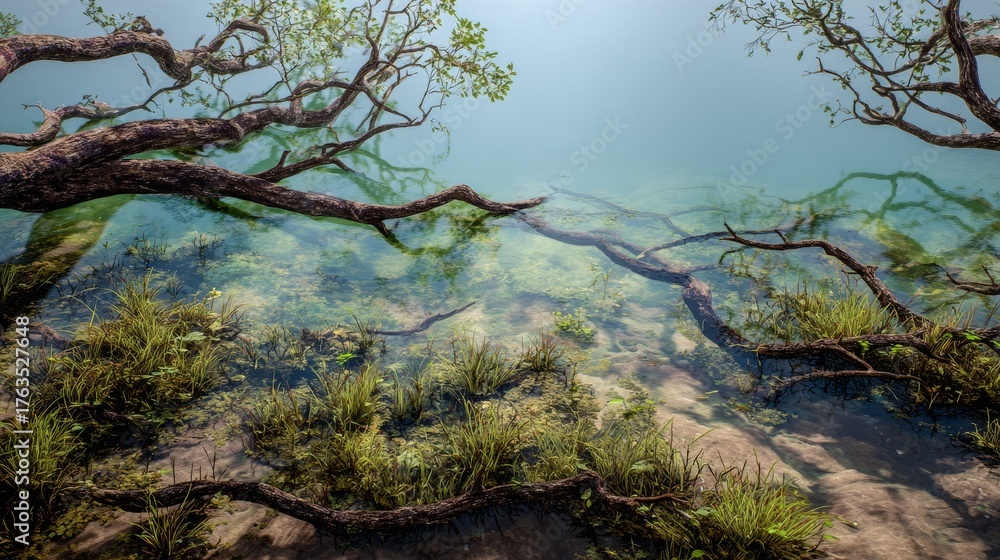 Fototapeta premium Serene water scene showcasing submerged vegetation and tree branches reaching across the surface with blurred sky