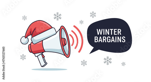 Winter bargains promotion with megaphone and santa hat