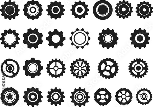 Set of mechanical gear icons, industrial cogwheel design, engineering wheel collection, machine parts illustration, vector technology symbols, black gear shapes