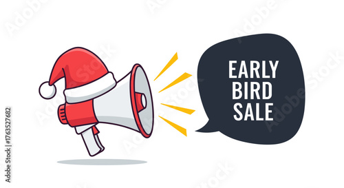 Festive megaphone promoting early bird sale with santa hat