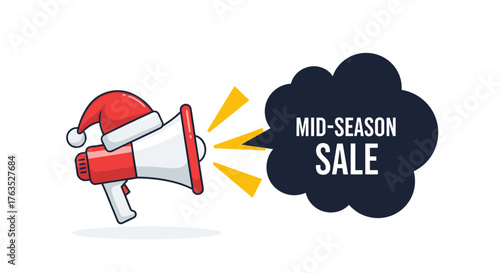 Christmas mid-season sale announcement with megaphone and speech bubble