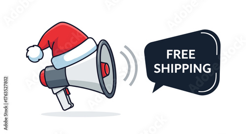 Holiday season megaphone announcing free shipping in cartoon style