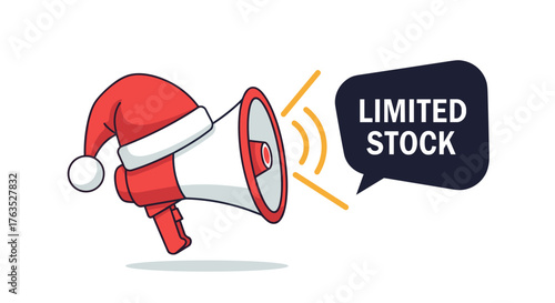 Holiday megaphone announcement with santa hat and limited supply message