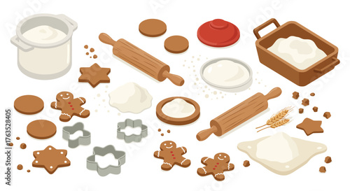 Baking ingredients and cookie shapes for a festive kitchen delight