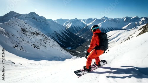 Snowboarder in bright orange gear riding down a snowy mountain slope