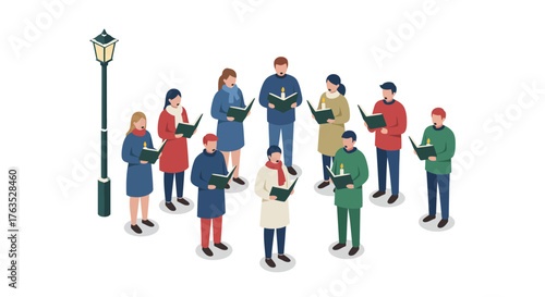 Isometric choir singing christmas carols outdoors under street lamp