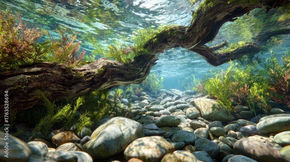Obraz premium Underwater view a sunlit creek bed with smooth stones, a submerged log, and lush green & red aquatic plants
