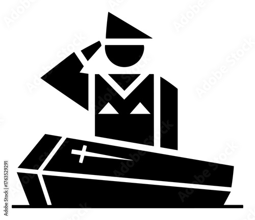 Soldier Saluting Coffin Vector Icon. Military Funeral Fallen Hero Memorial Tribute Glyph