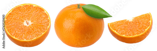Orange fruit with leaves (Mandarin orange), slices and half isolated, transparent PNG, collection, PNG format, cut out