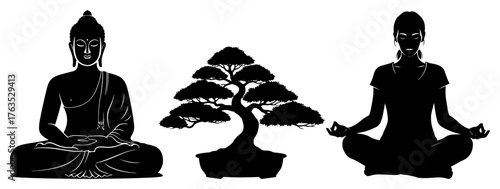 Meditation Silhouette Set Buddha Bonsai and Yoga Woman in Lotus Pose Zen Mindfulness Black and White Vector