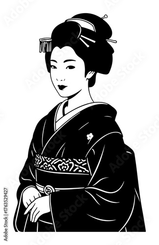 Beautiful Japanese geisha woman in traditional kimono vector portrait Japan culture icon or logo design