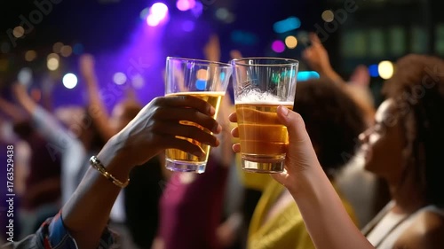 Wallpaper Mural Close-up of hands gripping pint glasses as people cheer in the background, defocused joyful crowd behind, with copy space. Torontodigital.ca