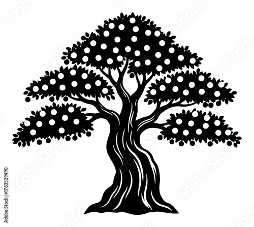 Stylized Tree of Life Silhouette Vector. Decorative Bonsai with Fruits Symbol of Growth Nature and Family