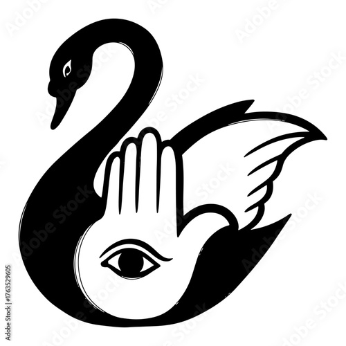 Mystic swan and Hamsa hand with all seeing eye. Esoteric spiritual magic occult vector logo