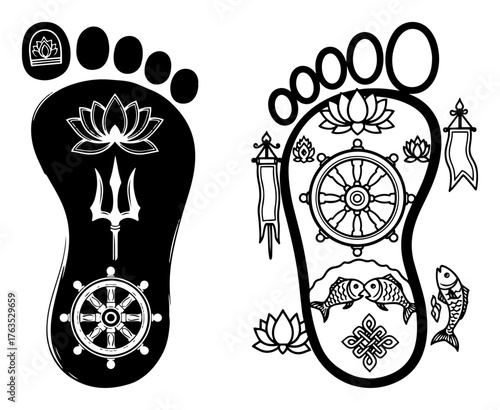 Buddha Footprint Buddhapada with Lotus Dharma Wheel Trishula Endless Knot Sacred Symbol Outline Vector