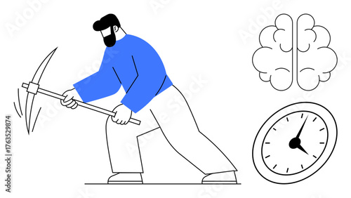 Person swinging pickaxe symbolizing effort, paired with brain for creativity, and clock for time awareness. Ideal for productivity, work ethic, focus, innovation, persistence, efficiency simple flat