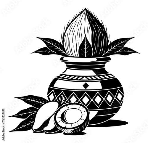 Kalash Pot with Coconut and Mango Leaves Hindu Puja Auspicious Symbol Black and White Vector