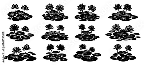 Lotus flower silhouette vector icon set. Water lily with leaves symbol for yoga spa and wellness