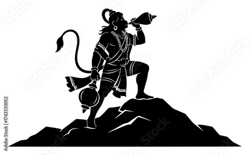 Lord Hanuman blowing conch shell on mountain vector Hindu monkey god silhouette for Hanuman Jayanti