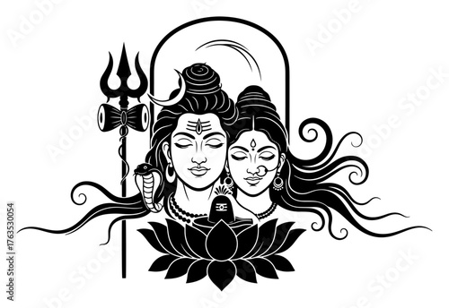 Lord Shiva and Parvati vector portrait for Maha Shivaratri Hindu god and goddess couple on lotus