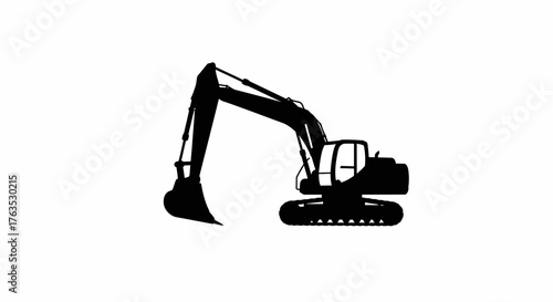 Black silhouette of construction excavator on white background