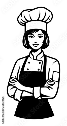 Female chef portrait vector logo. Woman cook in uniform for restaurant or bakery mascot