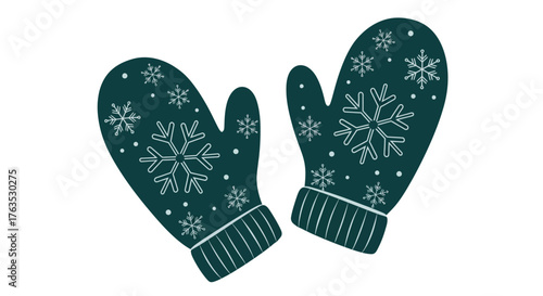 Winter mittens with snowflake pattern on green background