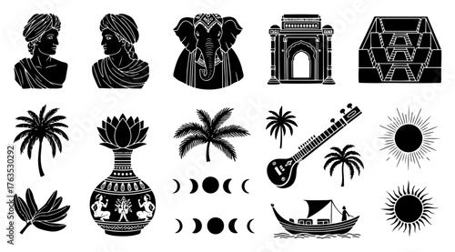 Indian Culture Icon Set People with Turban Elephant Temple Landmarks and Nature Elements Vector