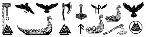 Viking symbols vector icon set Norse mythology collection with drakkar ship Mjolnir hammer and raven