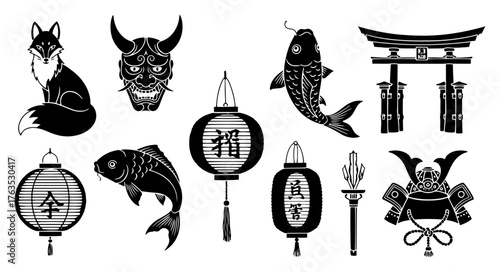 Japanese culture symbols vector icon set with kitsune fox hannya mask koi fish and torii gate