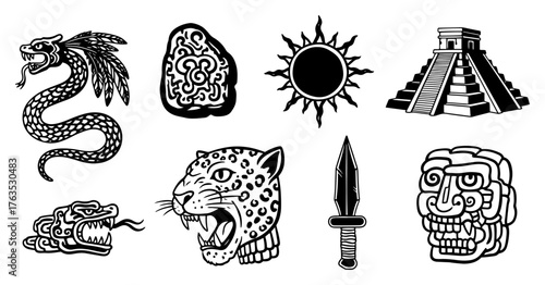 Set of Aztec symbols vector icons. Ancient Mayan culture collection with snake pyramid and jaguar